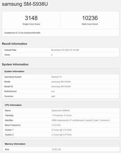 Snapdragon 8 Elite for Galaxy SoC-val szerelt (vélhetően) Galaxy S25 Ultra teszteredményei ugyanazon a Geekbench teszten