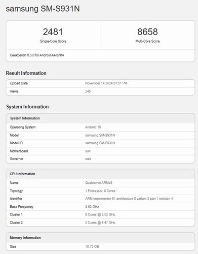 Egy koreai Galaxy S25 eredménye a Geekbench 6-on a Snapdragon 8 for Galaxy szettel