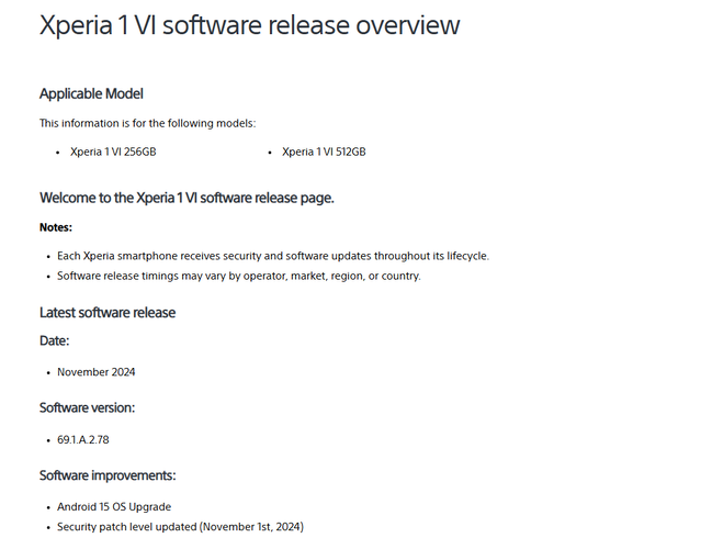 Az Xperia 1 VI frissítésének leírása